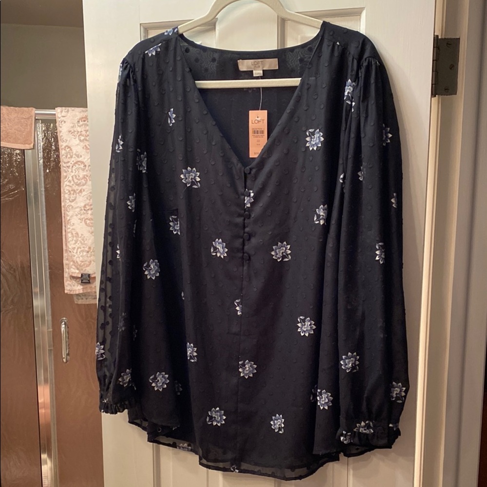 LOFT Black and Blue Buttoned 3/4 Sleeve Blouse